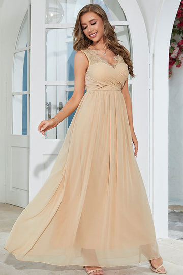 Vestido Boda Invitada Con Encaje Gasa Albaricoque